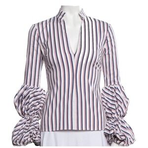 Greysn Striped Blouse Balloon Sleeve Mock Neck Red White Blue Women Medium‎ NWT